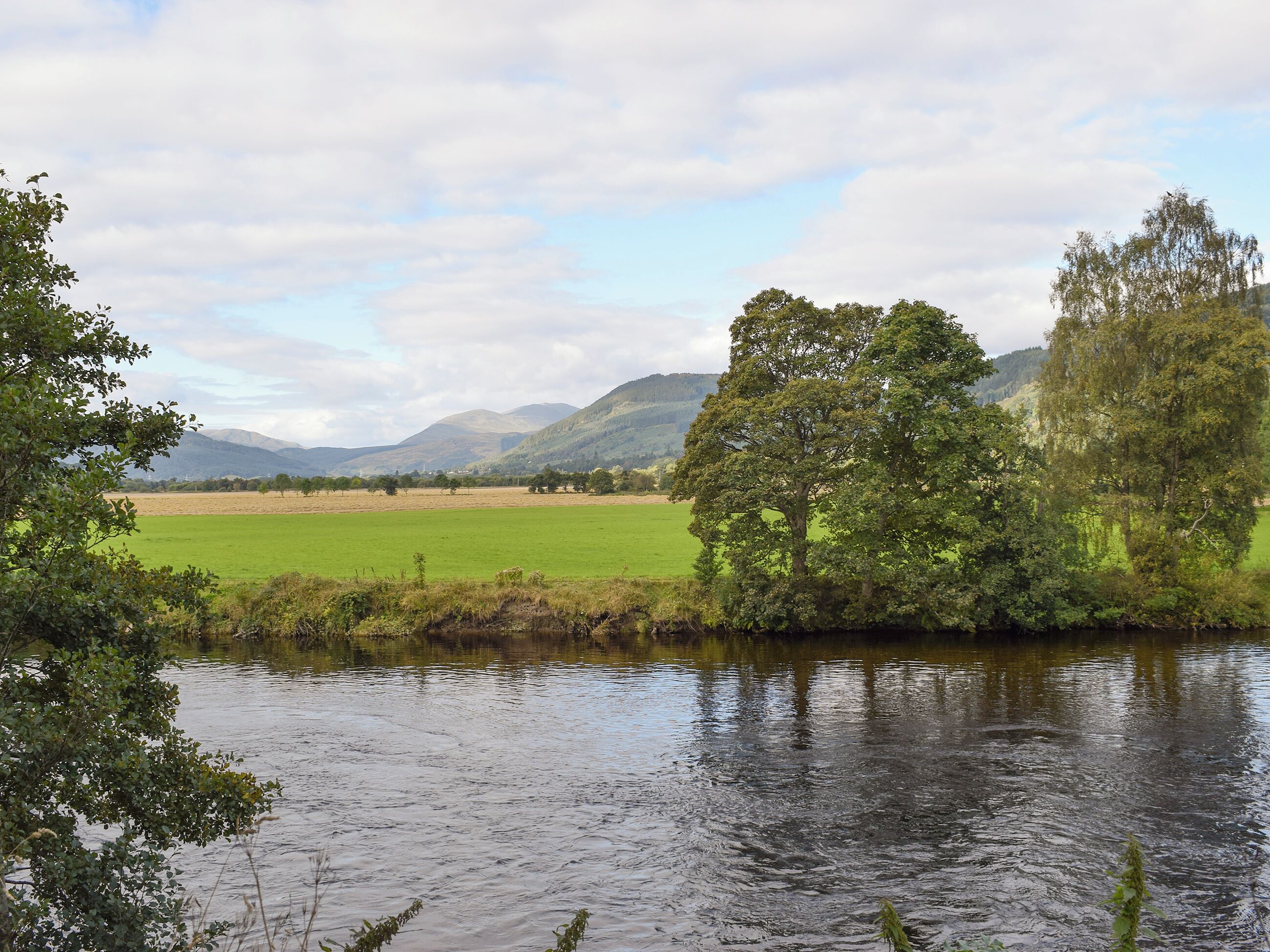 A river with surrounding greenery and distant mountains.