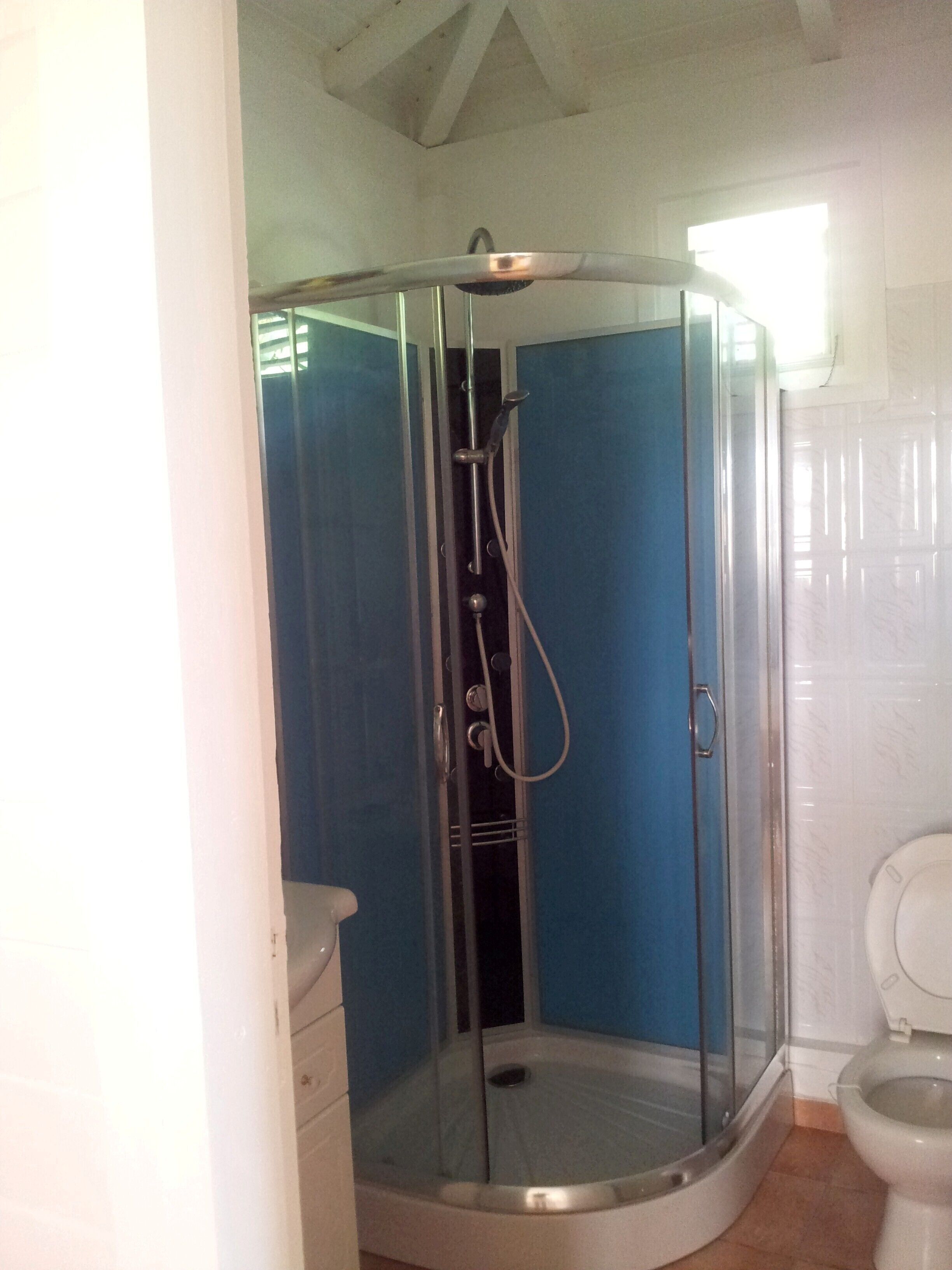 Shower, hair dryer, towels, toilet paper