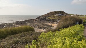 A coastal landscape with a hill featuring a building, rocky shoreline, and greenery. - 1 bedroom accommodation in Gowerton, Gower (Gowerton, Gower)