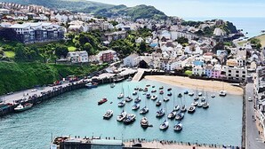 A coastal town with a marina filled with boats, a sandy beach, and a mix of residential and commercial buildings.