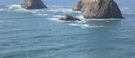 A coastal view with two prominent rock formations in the sea, a railing in the foreground, and a clear sky.
