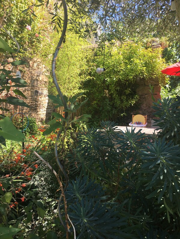 A garden area with a stone wall, various plants, and a yellow bench.