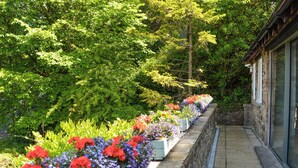 A pathway lined with flower planters, a stone wall, and a building with a stone facade.
