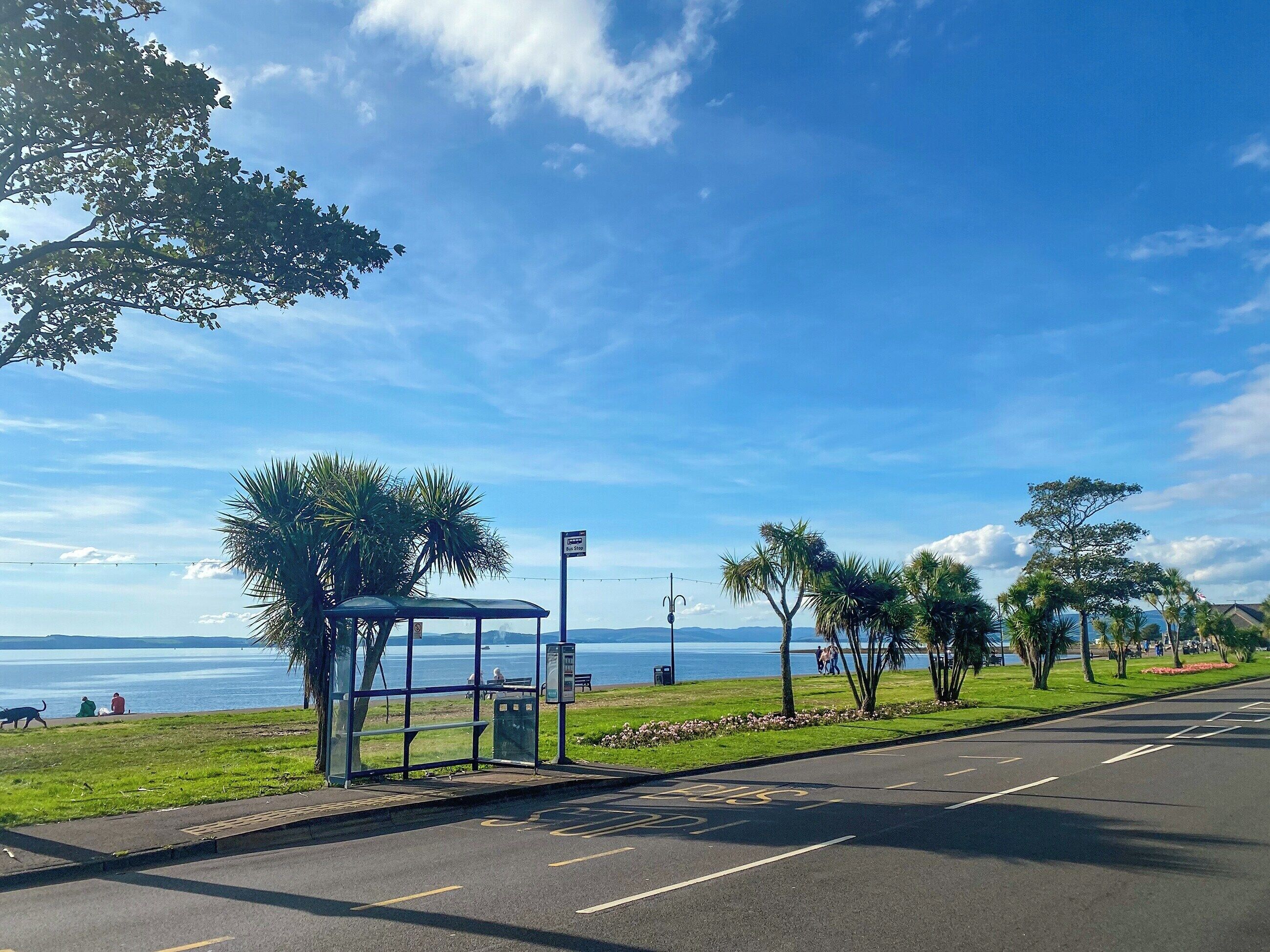 Busstop med læ, fri udsigt over havet og en græsplæne med træer.