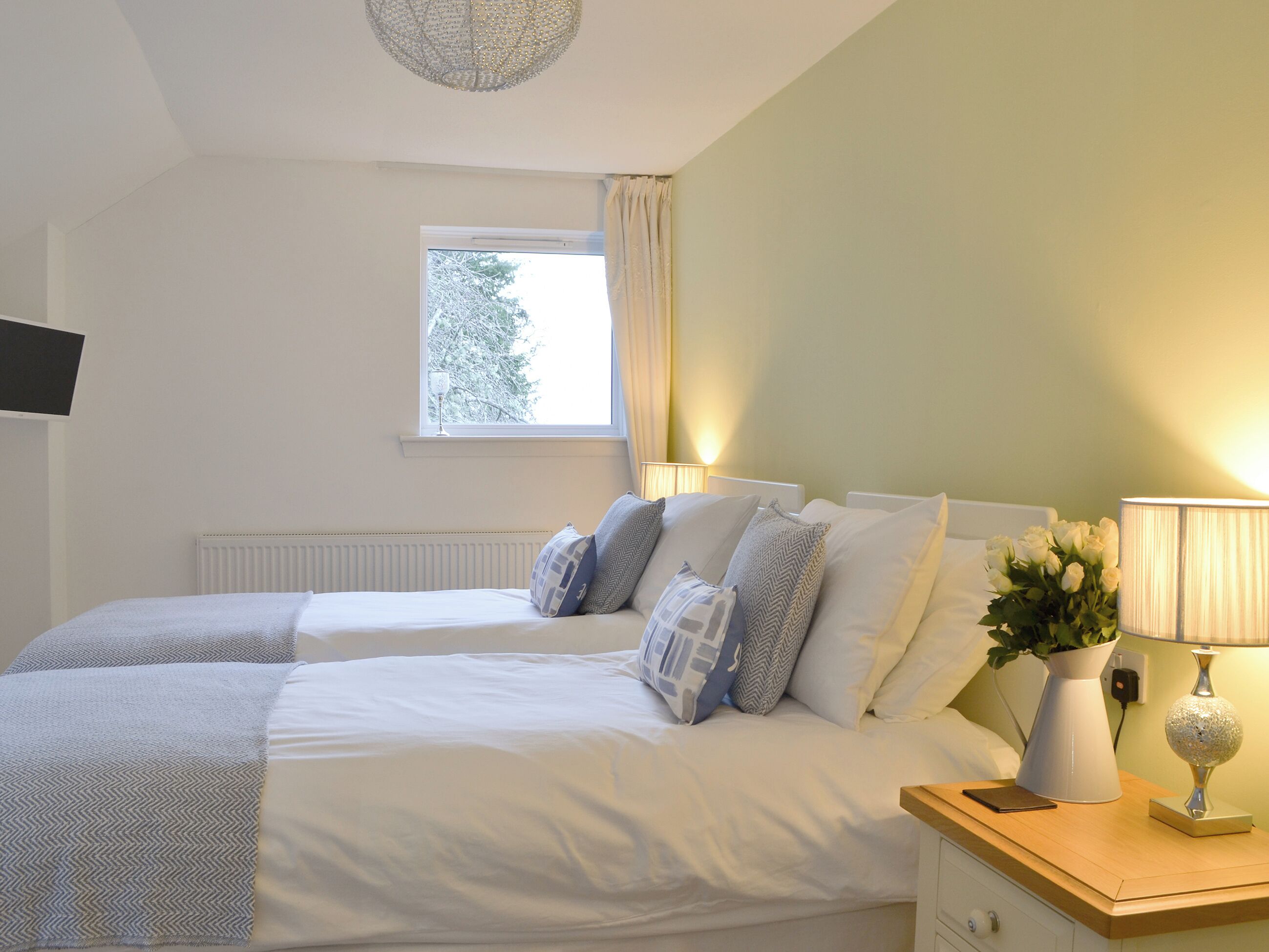 Une chambre avec deux lits, une fenêtre avec des rideaux, une lampe de chevet, un vase de fleurs et un téléviseur à écran plat fixé au mur.