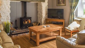 A cozy living room with a stone wall, a fireplace, a television, and comfortable seating. - 4 bedroom accommodation in Rhyduchaf, near Bala (Rhyduchaf, near Bala)
