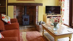 En hyggelig stue med pejs, sofa, tv og et bord med blomster i en vase.