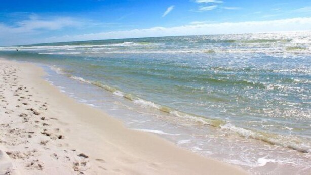 Ein Strand mit klarem, blauem Wasser und einem sandigen Ufer.