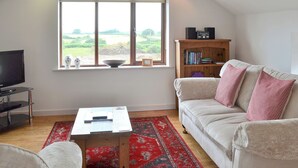 Een woonkamer met een televisie, een bank, een salontafel, een boekenkast en uitzicht door een groot raam.