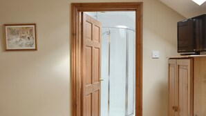 A room with a bed, wooden wardrobe, a television on top, a framed picture on the wall, and a shower area visible through an open door.