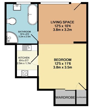 A floor plan with a living space, bedroom, bathroom, kitchen, wardrobe, and cupboard.