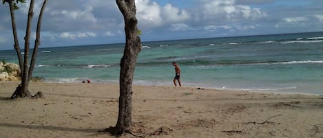 Vlak bij het strand, ligstoelen aan het strand