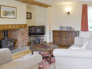 Una sala de estar con chimenea, televisor, una estantería con libros y un sofá.