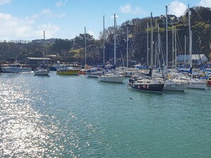 A marina with multiple boats docked, a clear sky, and a hilly landscape in the background.