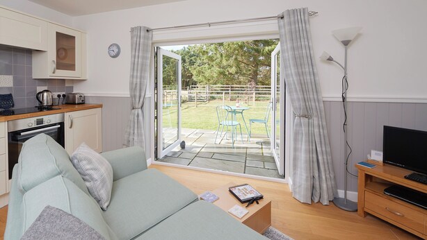 A living room with a sofa, coffee table, TV stand, and a view of a patio with chairs and a table. - 1 bedroom accommodation in Newton, near Tain (Newton, near Tain)
