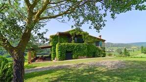Una casa rústica con fachada de piedra, parcialmente cubierta de hiedra, rodeada de exuberante vegetación y un cielo despejado.