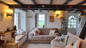 A cozy living room with a fireplace, a sofa, and a Christmas tree. - 2 bedroom accommodation in Llanfairynghornwy (Llanfairynghornwy)