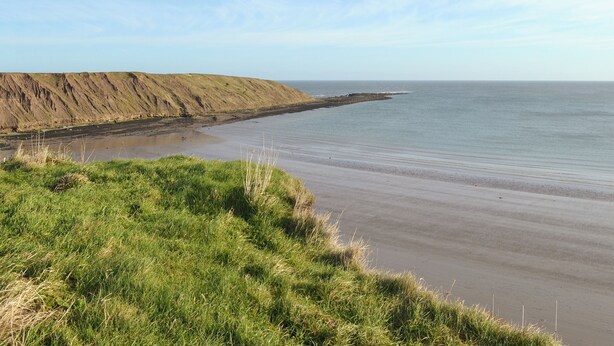 A coastal landscape with a grassy foreground, a sandy beach, and a cliff. - Pear Tree Farm Cottages - RCHM38 (Ebberston, near Scarborough)