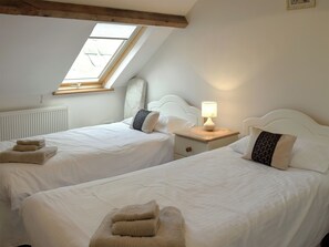 A bedroom with two beds, a skylight, a radiator, and a bedside lamp.