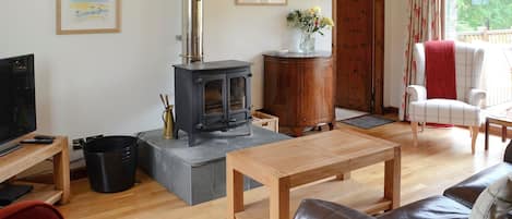 Una sala de estar acogedora con chimenea, muebles de madera y televisor.