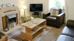 Un salon avec une cheminée, un téléviseur, un canapé et une table basse.