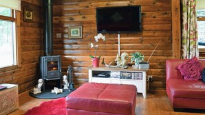 Ein Blockhaus-Interieur mit Kamin, Fernseher und Ledermöbeln.