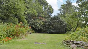 A grassy area with a stone wall and dense foliage.