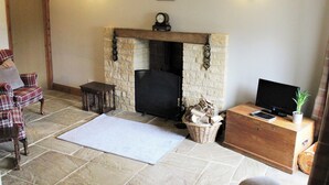 Un salon avec une cheminée, un fauteuil à carreaux, un meuble en bois et un téléviseur.