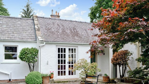 A white cottage with a tiled roof, a small garden with gravel, a round table with chairs, and potted plants. - 1 bedroom accommodation in Moffat (Moffat)