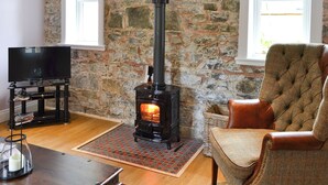 A cozy room with a stone wall, a fireplace, a television, and a comfortable chair. - 1 bedroom accommodation in Moffat (Moffat)