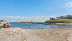 Een kustgezicht met een zandstrand, een rotsenrij en een rij huizen.