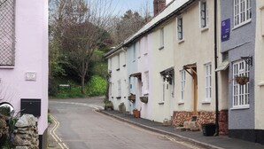 Une rue étroite bordée de maisons traditionnelles, dont certaines arborent des enseignes indiquant la présence de commerces locaux.