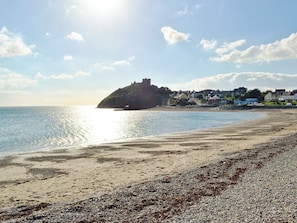A beach with pebbles and seaweed, a castle on a hill, and houses in the background.