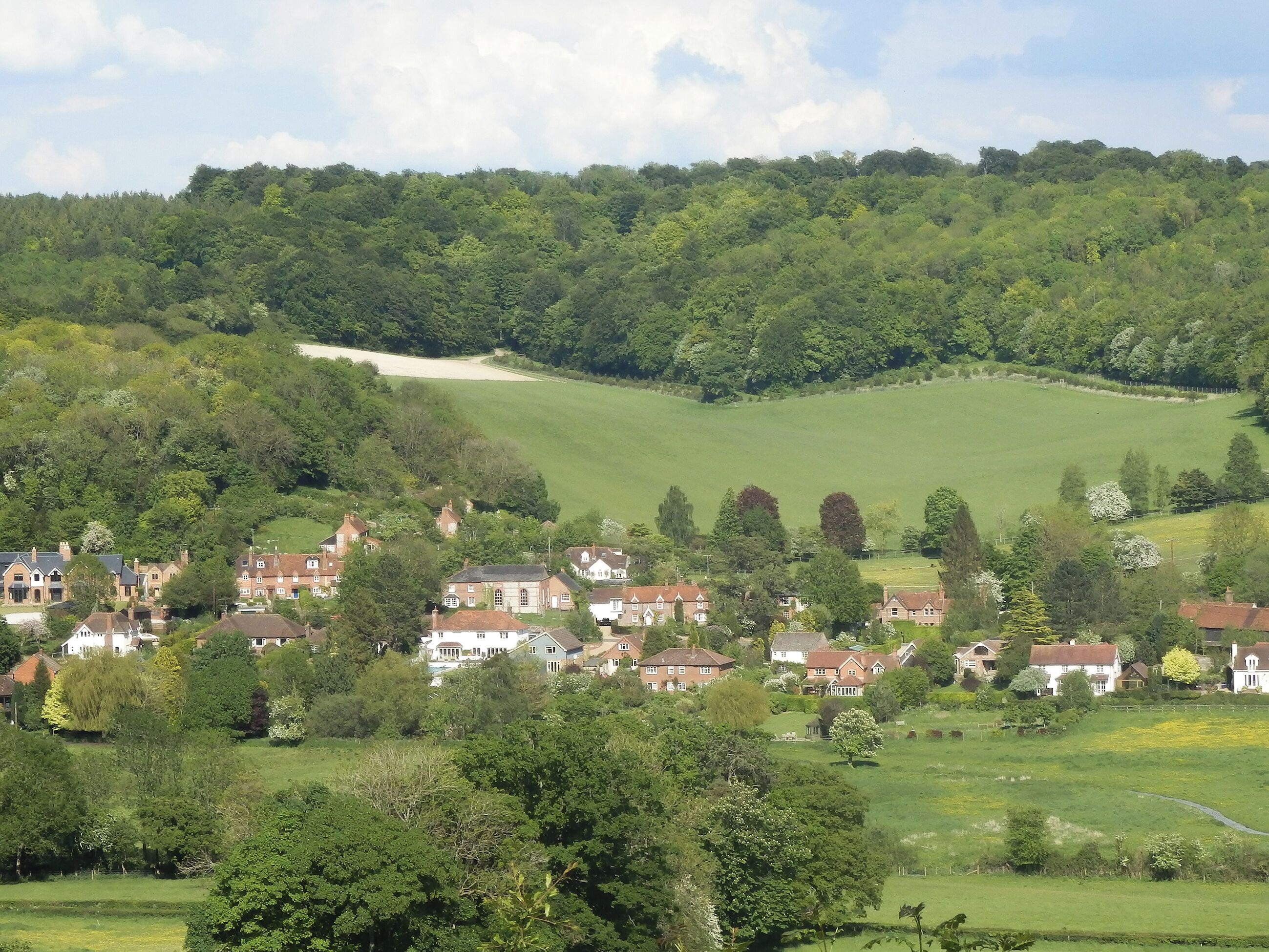 A rural village with houses surrounded by green fields and a hill in the background.