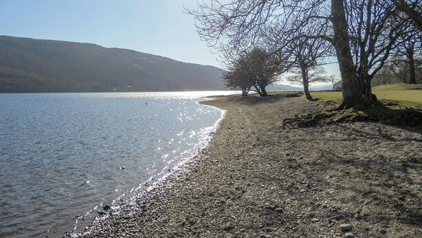 A lakeside view with a pebbly shore, trees, and distant hills. - 1 bedroom accommodation in Bouth, Newby Bridge (Bouth, Newby Bridge)