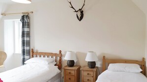 Une chambre avec deux lits, des têtes de lit en bois, des tables de chevet avec des lampes, un rideau et une paire de bois de cerf accrochée au mur.