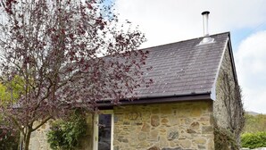 A stone cottage with a chimney, a door, and a small garden.