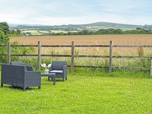 Un espace extérieur aménagé avec des sièges, délimité par une clôture, et comprenant des meubles en osier ainsi qu’un vase rempli de fleurs.