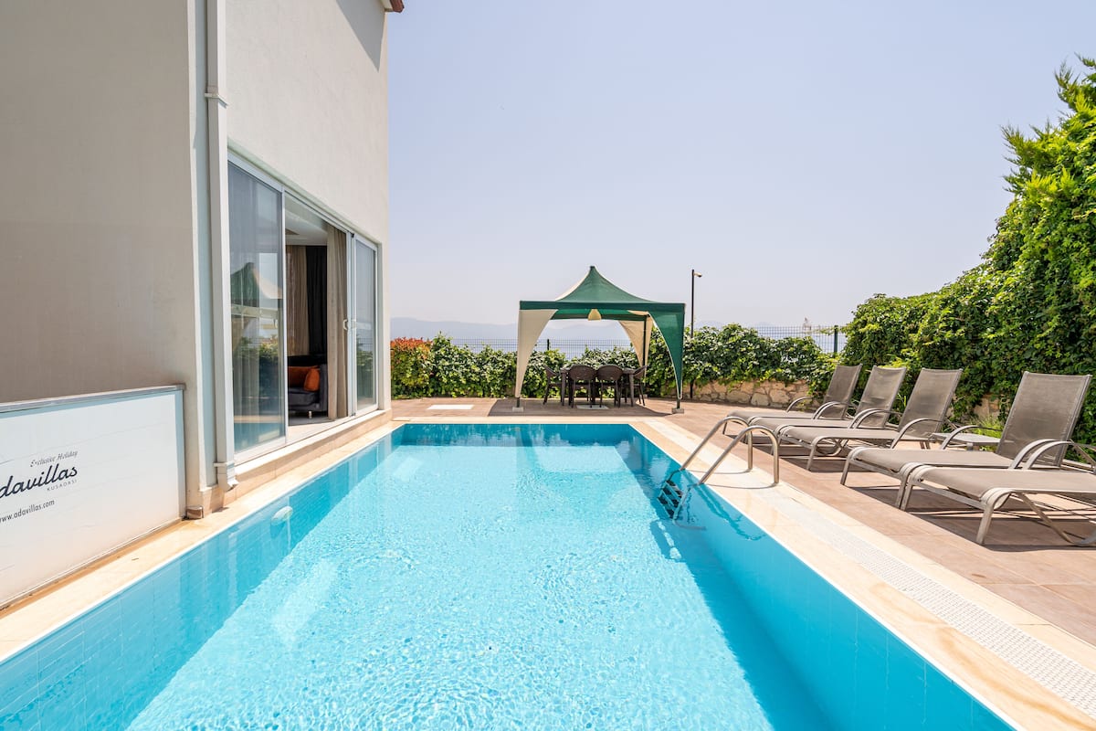Ein Schwimmbecken mit Liegestühlen und einer Laube, umgeben von Grünpflanzen und blauem Himmel.