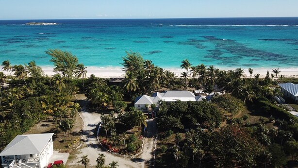 An aerial view of a coastal area with a beach, palm trees, and houses.
