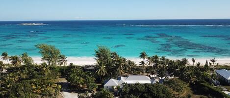 On the beach, sun loungers, beach towels