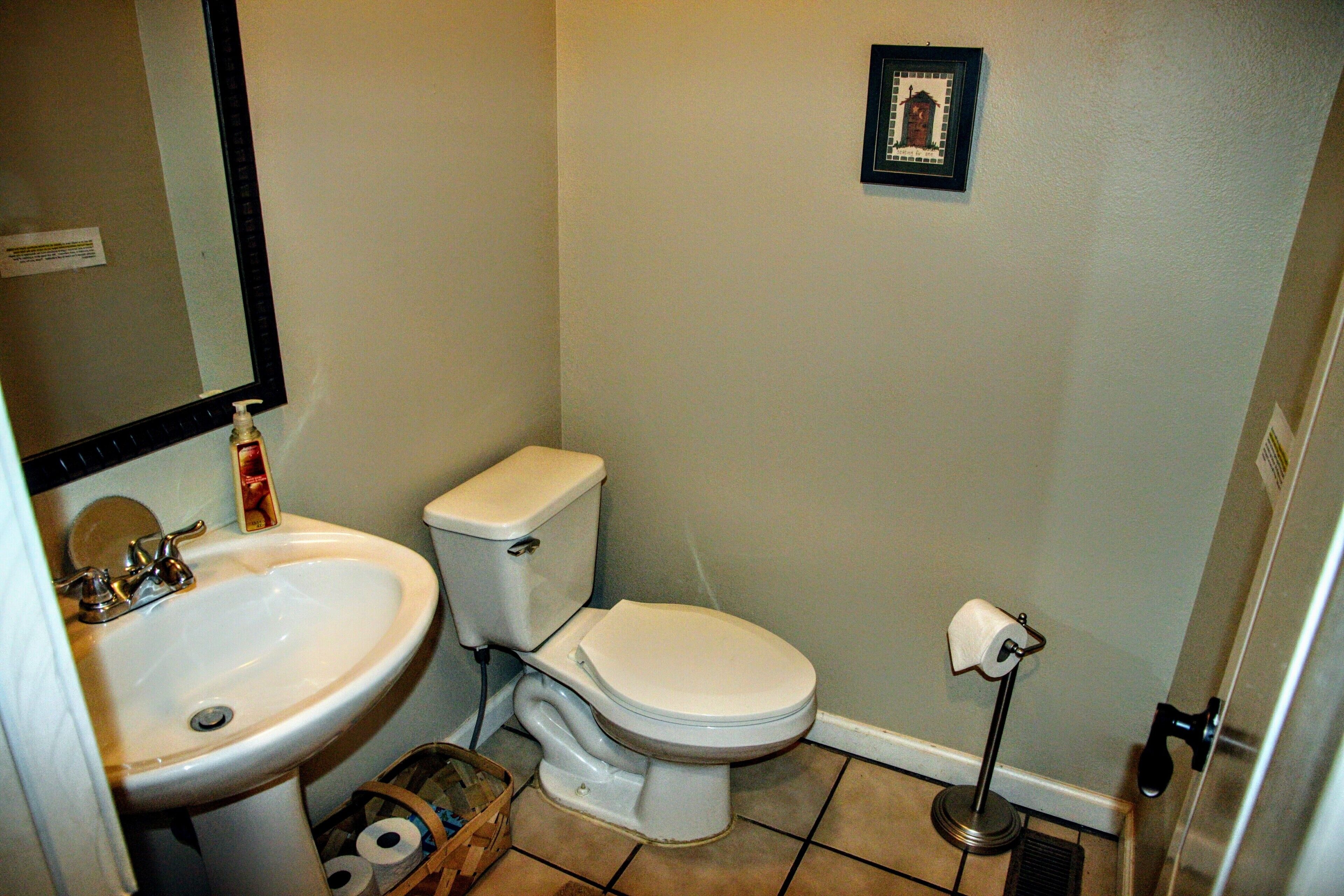 A small bathroom with a sink, toilet, and a framed picture on the wall.