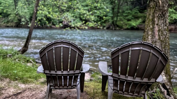 Two Adirondack chairs facing a river in a forested area. - Relax & Unwind at the Chestatee River Retreat! Pet Friendly & Near Wineries (Dahlonega)