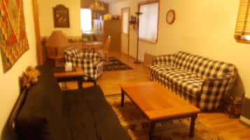 Una televisión, un reproductor de DVD, libros, una biblioteca de música