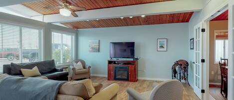 TV, fireplace, books