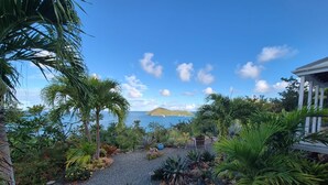 A tropical garden with a gravel path, various plants, and a view of the sea and a distant island.