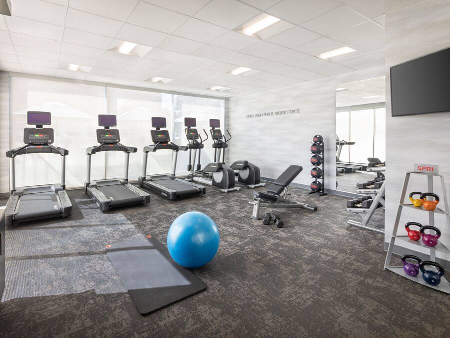 A gym with treadmills, a stationary bike, a rowing machine, free weights, and a blue exercise ball.
