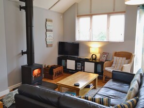 Ein gemütliches Wohnzimmer mit Kamin, Fernseher, Korbsessel, Sofa und Couchtisch.