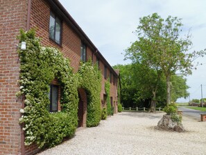 A brick building with ivy-covered walls and a gravel path leading to a tree stump.