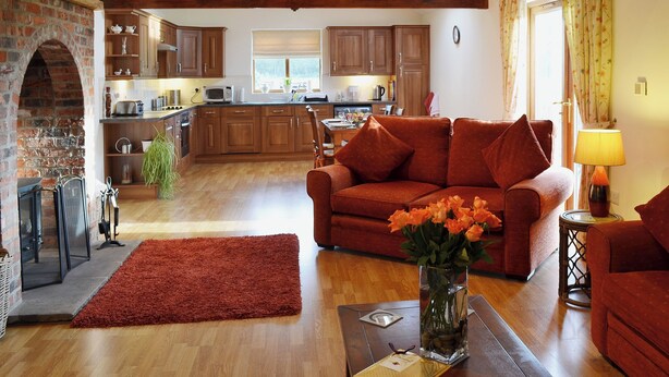Un'ampia zona giorno con camino, divano, tavolino e zona pranzo con mobili in legno e cucina sullo sfondo.